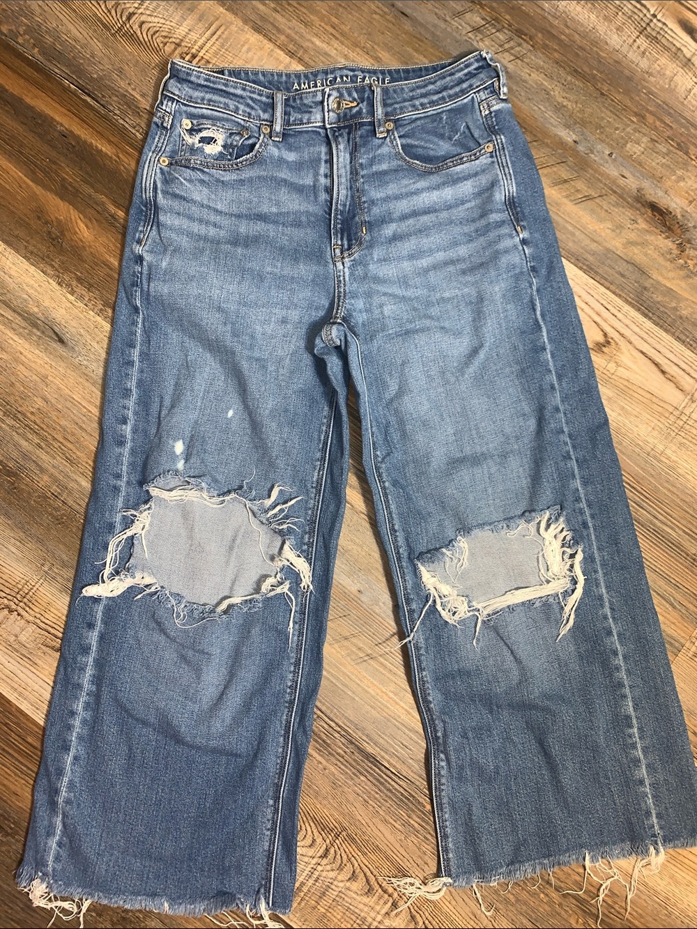 American Eagle Outfitters Distressed Wide-Leg Blue Denim Jeans